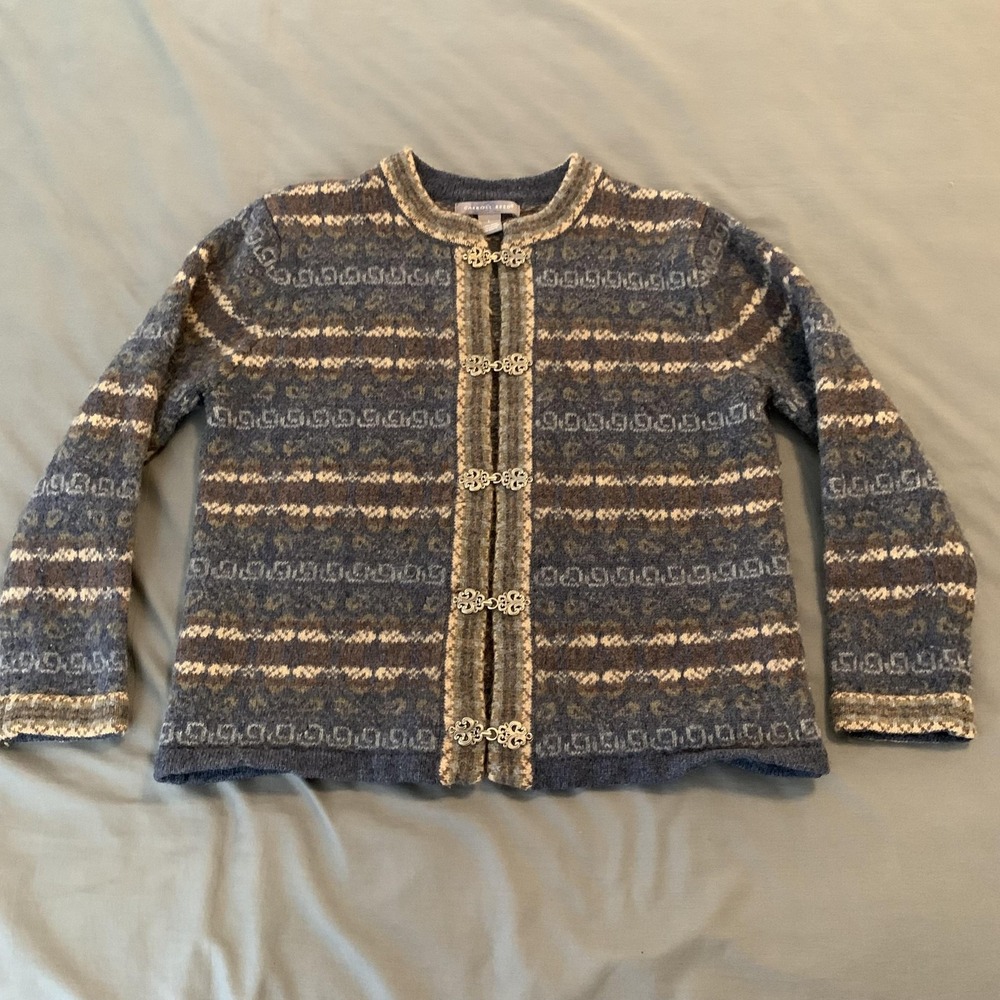 Carrol Reed Sweater Womens Large Blue Wool Fair‎ Isle Hook Front Cardigan